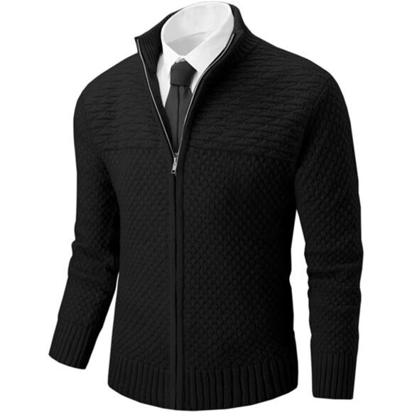Mens Zip Up Cardigan Sweater Black - Picture 1 of 5